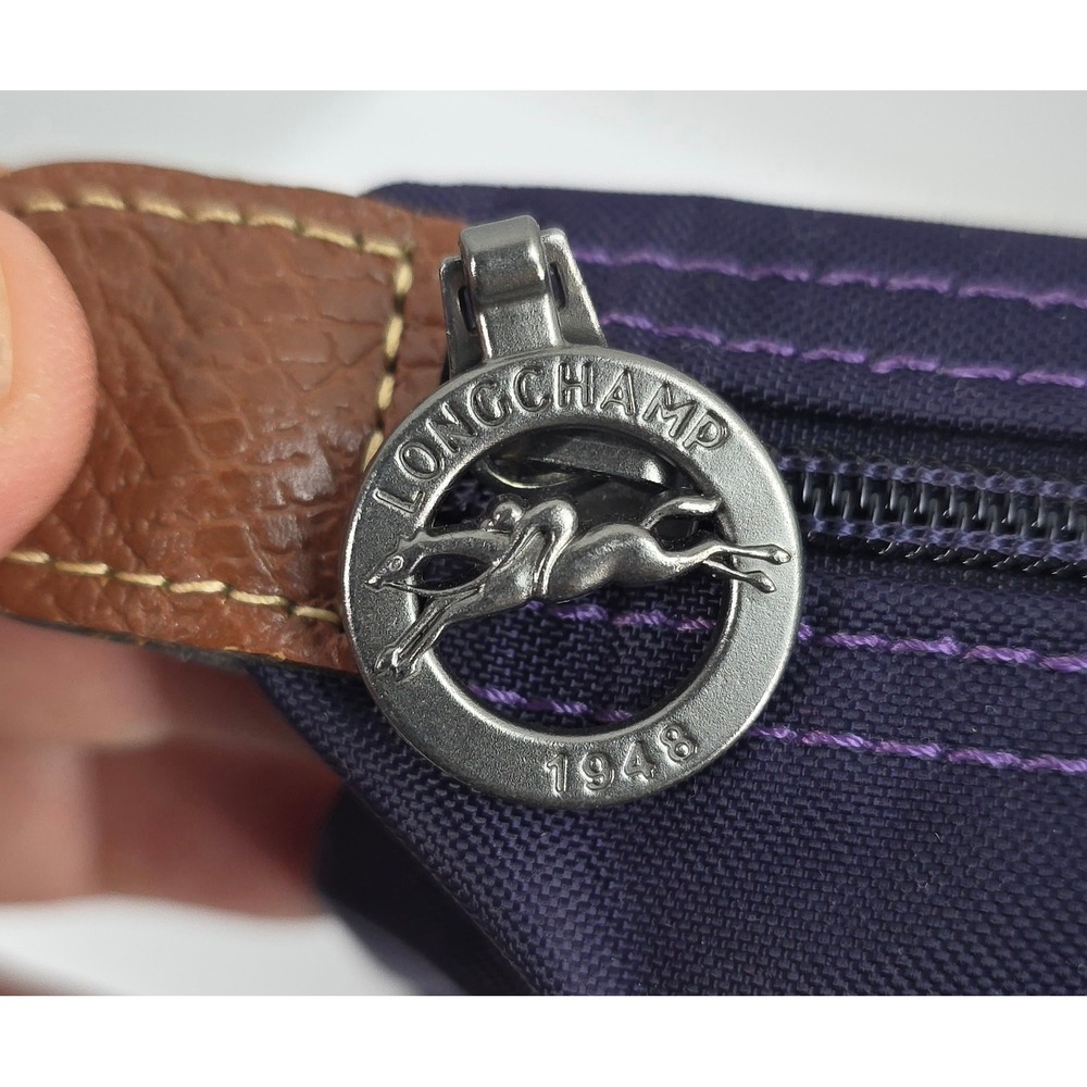 Longchamp Le Pliage‎ Type M Purple Nylon Tote Bag Brown Leather Trim France 1623 - Picture 5 of 8